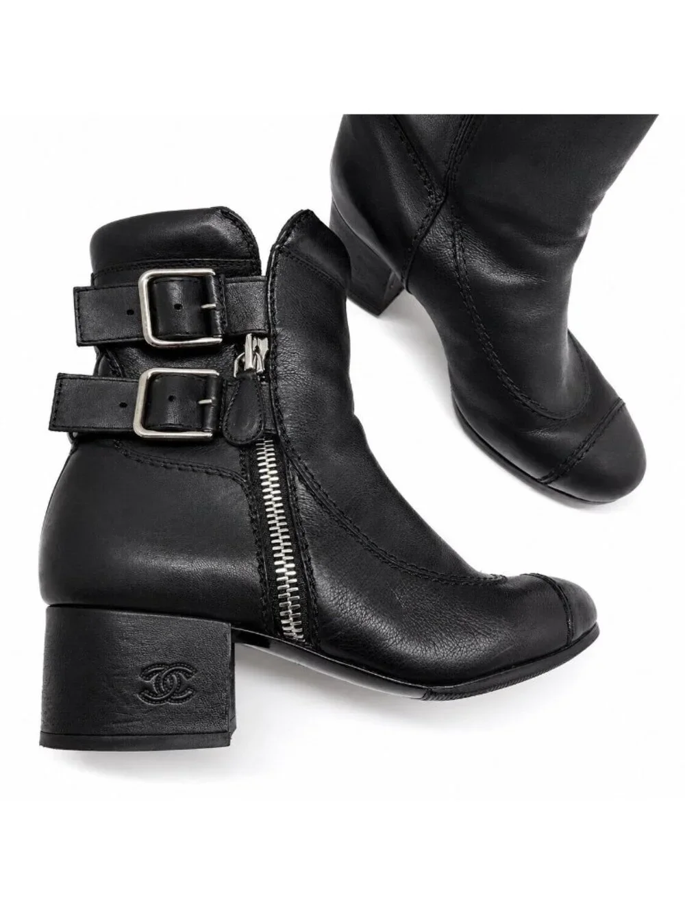 CHANEL Black Calfskin Ankle Boots 36.5 Moto Biker Double Buckle Zip Winter Punk